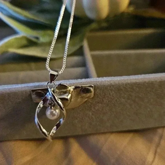 925 Sterling silver pearl pendant necklace, snake chain. - Picture 5 of 5